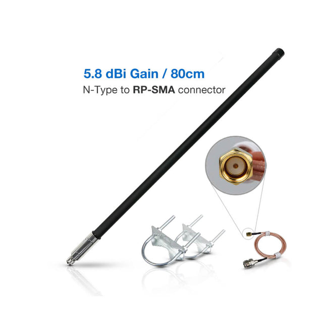 Buy the RAKwireless 5.8dBi fiberglass LoRaWAN antenna at ShopIoT. High-gain 902-930MHz antenna in black. Omnidirectional, IP67 rated, and includes mounting kit.