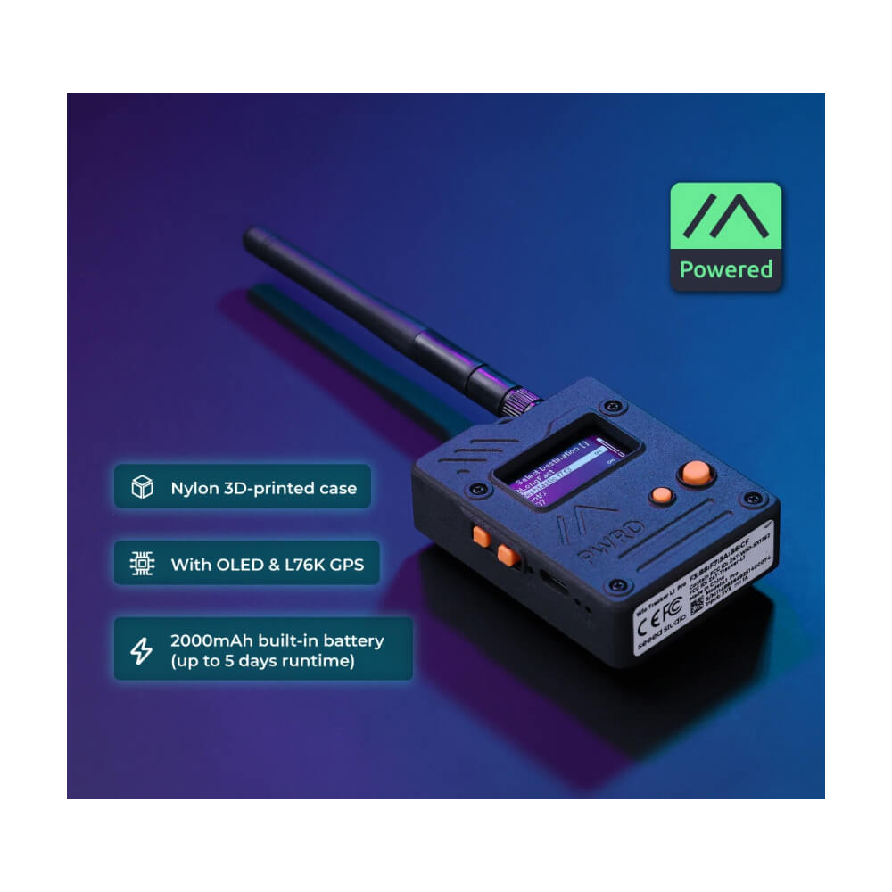 Seeed Studio Wio Tracker L1 Pro Meshtastic edition with OLED display and 3D printed protective casing.