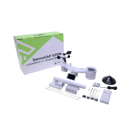 SenseCAP S2120 LoRaWAN 8-in-1 weather sensor monitoring air temperature, humidity, wind, and solar radiation.