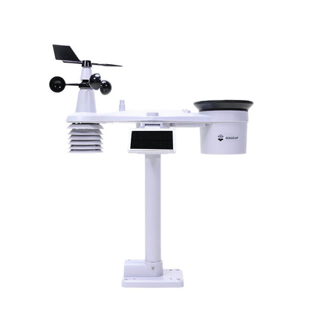 SenseCAP S2120 LoRaWAN 8-in-1 weather sensor monitoring air temperature, humidity, wind, and solar radiation.