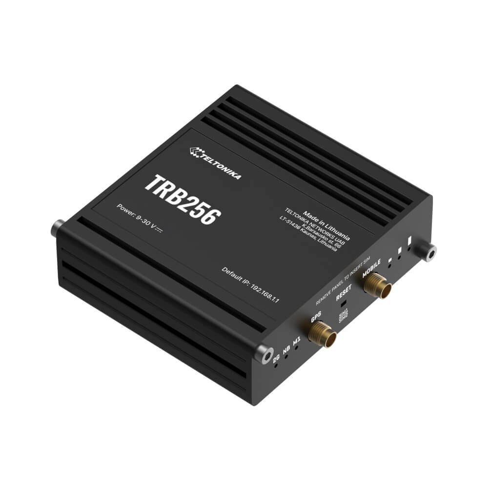 Teltonika TRB256 industrial M2M gateway featuring NB-IoT, LTE-M, 450MHz support, and multiple industrial interfaces.