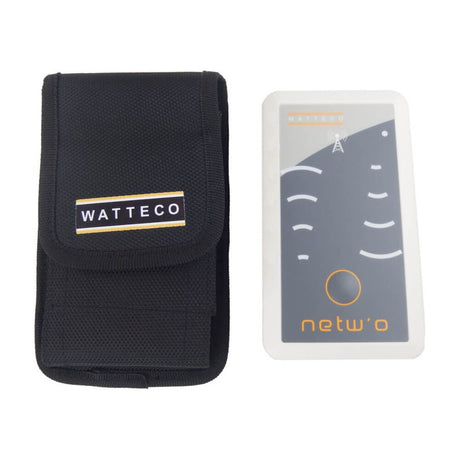 Watteco Netw'O LoRaWAN network quality tester with LED indicators and smartphone application interface.