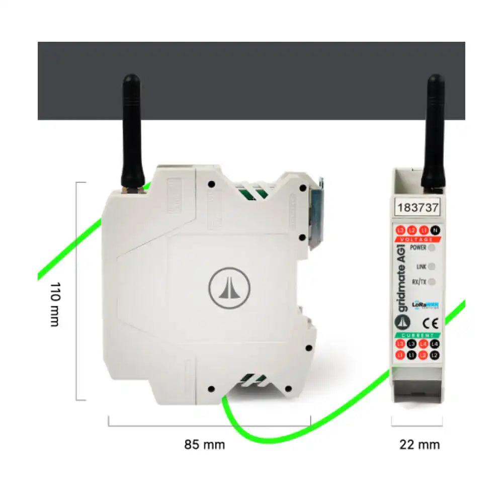 AdvanGrid Gridmate LoRaWAN 3-Phase Energy Monitoring Sensor with DIN Rail Mounting and Split-Core Current Transformers for Industrial Sub-Metering.