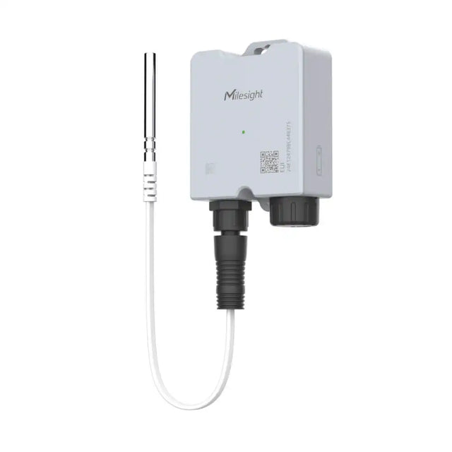 Milesight TS201 LoRaWAN Temperature Sensor with DS18B20 Probe, IP67 Waterproof Enclosure and NFC Configuration for Cold Chain and Industrial Monitoring.