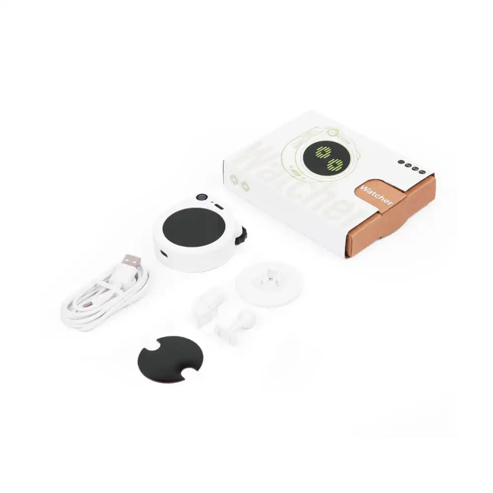 Seeed Studio SenseCAP Watcher W1-B Physical AI Agent with White Enclosure, ESP32-S3, Himax HX6538 AI Chip, 120° Camera, Touchscreen, Wi-Fi and Bluetooth for Smart Space Monitoring.